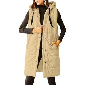 Women's Long Quilted Puffer Vest Hooded Button Down Padded Coats Jacket